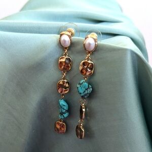 Boho Turquoise Gold  Pearls Earrings